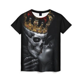 Женская футболка 3D с принтом Скелет и девушка в Екатеринбурге, 100% полиэфир ( синтетическое хлопкоподобное полотно) | прямой крой, круглый вырез горловины, длина до линии бедер | девушка | женщина | король | корона | любовь | пара | поцелуй | скелет | череп
