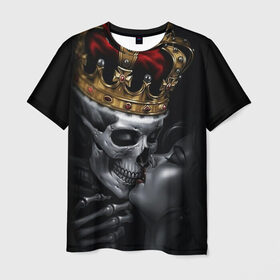 Мужская футболка 3D с принтом Скелет и девушка в Екатеринбурге, 100% полиэфир | прямой крой, круглый вырез горловины, длина до линии бедер | Тематика изображения на принте: девушка | женщина | король | корона | любовь | пара | поцелуй | скелет | череп