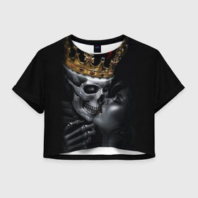 Женская футболка Cropp-top с принтом Скелет и девушка в Екатеринбурге, 100% полиэстер | круглая горловина, длина футболки до линии талии, рукава с отворотами | девушка | женщина | король | корона | любовь | пара | поцелуй | скелет | череп