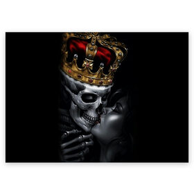 Поздравительная открытка с принтом Скелет и девушка в Екатеринбурге, 100% бумага | плотность бумаги 280 г/м2, матовая, на обратной стороне линовка и место для марки
 | Тематика изображения на принте: девушка | женщина | король | корона | любовь | пара | поцелуй | скелет | череп