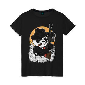 Женская футболка хлопок с принтом Гангстер Панда в Екатеринбурге, 100% хлопок | прямой крой, круглый вырез горловины, длина до линии бедер, слегка спущенное плечо | автомат | банда | гангстер | мафия | панда | панды | преступник | томпсон