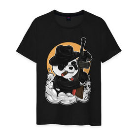Мужская футболка хлопок с принтом Гангстер Панда в Екатеринбурге, 100% хлопок | прямой крой, круглый вырез горловины, длина до линии бедер, слегка спущенное плечо. | автомат | банда | гангстер | мафия | панда | панды | преступник | томпсон