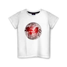 Детская футболка хлопок с принтом Красный закат в тропиках в Екатеринбурге, 100% хлопок | круглый вырез горловины, полуприлегающий силуэт, длина до линии бедер | Тематика изображения на принте: закат | лето | луна | ночь | пальмы | тропики