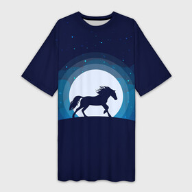 Платье-футболка 3D с принтом Лошадь под луной в Екатеринбурге,  |  | животное | конь | лошадь | луна | ночь