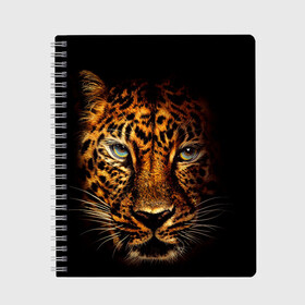 Тетрадь с принтом Ягуар в Екатеринбурге, 100% бумага | 48 листов, плотность листов — 60 г/м2, плотность картонной обложки — 250 г/м2. Листы скреплены сбоку удобной пружинной спиралью. Уголки страниц и обложки скругленные. Цвет линий — светло-серый
 | Тематика изображения на принте: гепард | кошка | леопард | охотник | тигр | хищник | ягуар