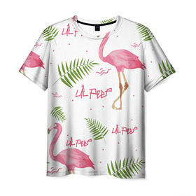 Мужская футболка 3D с принтом Lil Peep pink flamingo в Екатеринбурге, 100% полиэфир | прямой крой, круглый вырез горловины, длина до линии бедер | Тематика изображения на принте: benz truck | girls. pink | gustav hr | hip hop | lil | lil peep | peep | rap | лил | лилпип | листья | пальма | пальмы | пип | розовый | рэп | фламинго | хип хоп | эмо | эмо реп
