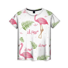 Женская футболка 3D с принтом Lil Peep pink flamingo в Екатеринбурге, 100% полиэфир ( синтетическое хлопкоподобное полотно) | прямой крой, круглый вырез горловины, длина до линии бедер | benz truck | girls. pink | gustav hr | hip hop | lil | lil peep | peep | rap | лил | лилпип | листья | пальма | пальмы | пип | розовый | рэп | фламинго | хип хоп | эмо | эмо реп