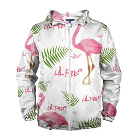 Мужская ветровка 3D с принтом Lil Peep pink flamingo в Екатеринбурге, 100% полиэстер | подол и капюшон оформлены резинкой с фиксаторами, два кармана без застежек по бокам, один потайной карман на груди | benz truck | girls. pink | gustav hr | hip hop | lil | lil peep | peep | rap | лил | лилпип | листья | пальма | пальмы | пип | розовый | рэп | фламинго | хип хоп | эмо | эмо реп