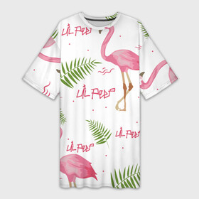 Платье-футболка 3D с принтом Lil Peep pink flamingo в Екатеринбурге,  |  | Тематика изображения на принте: benz truck | girls. pink | gustav hr | hip hop | lil | lil peep | peep | rap | лил | лилпип | листья | пальма | пальмы | пип | розовый | рэп | фламинго | хип хоп | эмо | эмо реп