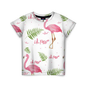 Детская футболка 3D с принтом Lil Peep pink flamingo в Екатеринбурге, 100% гипоаллергенный полиэфир | прямой крой, круглый вырез горловины, длина до линии бедер, чуть спущенное плечо, ткань немного тянется | benz truck | girls. pink | gustav hr | hip hop | lil | lil peep | peep | rap | лил | лилпип | листья | пальма | пальмы | пип | розовый | рэп | фламинго | хип хоп | эмо | эмо реп