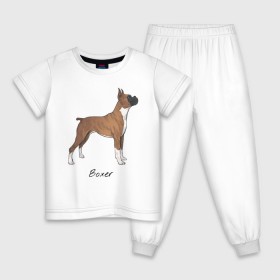 Детская пижама хлопок с принтом Немецкий Боксер в Екатеринбурге, 100% хлопок |  брюки и футболка прямого кроя, без карманов, на брюках мягкая резинка на поясе и по низу штанин
 | Тематика изображения на принте: boxer | dog | боксёр | собака | собака боксер | собаки