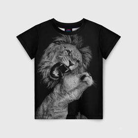 Детская футболка 3D с принтом Лев и львица в Екатеринбурге, 100% гипоаллергенный полиэфир | прямой крой, круглый вырез горловины, длина до линии бедер, чуть спущенное плечо, ткань немного тянется | животные | кот | кошка | лев | львица | оскал | природа | рык | рычит | хищник