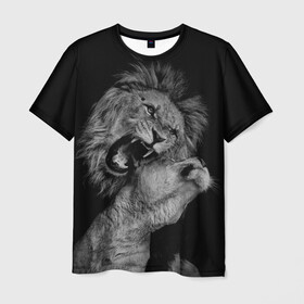 Мужская футболка 3D с принтом Лев и львица в Екатеринбурге, 100% полиэфир | прямой крой, круглый вырез горловины, длина до линии бедер | животные | кот | кошка | лев | львица | оскал | природа | рык | рычит | хищник
