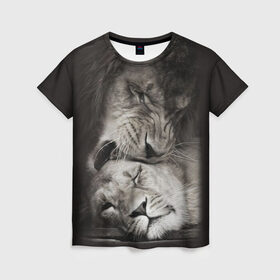 Женская футболка 3D с принтом Лев и львица в Екатеринбурге, 100% полиэфир ( синтетическое хлопкоподобное полотно) | прямой крой, круглый вырез горловины, длина до линии бедер | животные | кот | кошка | лев | львица | оскал | природа | рык | рычит | хищник
