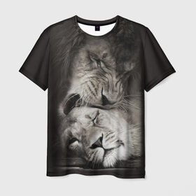 Мужская футболка 3D с принтом Лев и львица в Екатеринбурге, 100% полиэфир | прямой крой, круглый вырез горловины, длина до линии бедер | животные | кот | кошка | лев | львица | оскал | природа | рык | рычит | хищник
