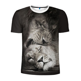 Мужская футболка 3D спортивная с принтом Лев и львица в Екатеринбурге, 100% полиэстер с улучшенными характеристиками | приталенный силуэт, круглая горловина, широкие плечи, сужается к линии бедра | животные | кот | кошка | лев | львица | оскал | природа | рык | рычит | хищник