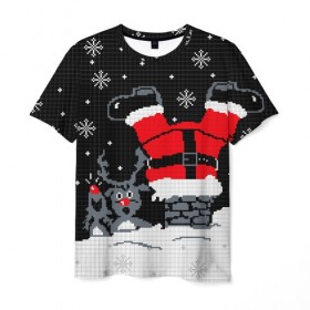 Мужская футболка 3D с принтом Санта Клаус в трубе в Екатеринбурге, 100% полиэфир | прямой крой, круглый вырез горловины, длина до линии бедер | 2019 | вверх ногами | год | дед мороз | животные | зима | из трубы | кирпичи | клаус | красный | крыша | мыши | новый год | нос | ночь | падает | подарок | поздравление | праздник | ремень | рождество