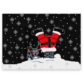 Поздравительная открытка с принтом Санта Клаус в трубе в Екатеринбурге, 100% бумага | плотность бумаги 280 г/м2, матовая, на обратной стороне линовка и место для марки
 | 2019 | вверх ногами | год | дед мороз | животные | зима | из трубы | кирпичи | клаус | красный | крыша | мыши | новый год | нос | ночь | падает | подарок | поздравление | праздник | ремень | рождество