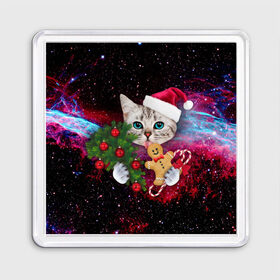 Магнит 55*55 с принтом astro cat в Екатеринбурге, Пластик | Размер: 65*65 мм; Размер печати: 55*55 мм | art | cat | new year | pizza | space | абстракция | еда | ёлка | звезды | киса | космос | кот | кот в космосе | кот с едой | котенок | котик | кошка | новый год | пицца | праздник | рождество | шапка
