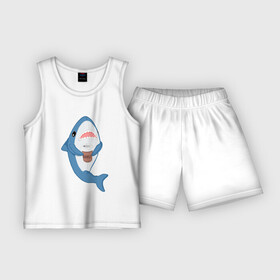 Детская пижама с шортами хлопок с принтом Hype Shark в Екатеринбурге,  |  | coffee | cute | hype | kawaii | shark | акула | кофе | милый | море | рыба | хищник