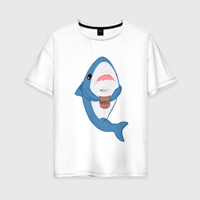 Женская футболка хлопок Oversize с принтом Hype Shark в Екатеринбурге, 100% хлопок | свободный крой, круглый ворот, спущенный рукав, длина до линии бедер
 | coffee | cute | hype | kawaii | shark | акула | кофе | милый | море | рыба | хищник