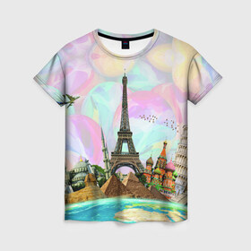 Женская футболка 3D с принтом Туризм в Екатеринбурге, 100% полиэфир ( синтетическое хлопкоподобное полотно) | прямой крой, круглый вырез горловины, длина до линии бедер | биг бен | египет | земля | кремль | лондон | москва | небо | океан | париж | пиза | пизанская башня | пирамиды | птицы | путешествия | самлет | страна | тайланд | туризм | часы