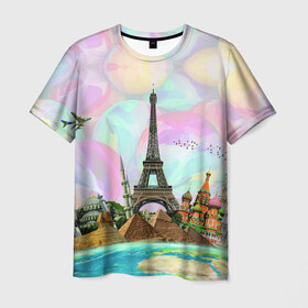 Мужская футболка 3D с принтом Туризм в Екатеринбурге, 100% полиэфир | прямой крой, круглый вырез горловины, длина до линии бедер | биг бен | египет | земля | кремль | лондон | москва | небо | океан | париж | пиза | пизанская башня | пирамиды | птицы | путешествия | самлет | страна | тайланд | туризм | часы