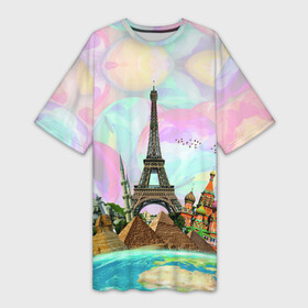 Платье-футболка 3D с принтом Туризм в Екатеринбурге,  |  | биг бен | египет | земля | кремль | лондон | москва | небо | океан | париж | пиза | пизанская башня | пирамиды | птицы | путешествия | самлет | страна | тайланд | туризм | часы