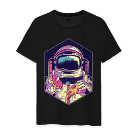Мужская футболка хлопок с принтом Космонавт с Едой в Екатеринбурге, 100% хлопок | прямой крой, круглый вырез горловины, длина до линии бедер, слегка спущенное плечо. | Тематика изображения на принте: астронавт | в космосе | галактика | еда | звезды | космонавт | космос | пицца | пончик