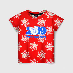 Детская футболка 3D с принтом HAPPY NEW YEAR 2019 в Екатеринбурге, 100% гипоаллергенный полиэфир | прямой крой, круглый вырез горловины, длина до линии бедер, чуть спущенное плечо, ткань немного тянется | christmas | new year | pig | snow | год свиньи | ёлка | зима | кабан | каникулы | новогодний паттерн | новый год | праздник | рождество | свинья | снег | снежинки