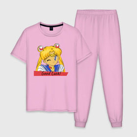 Мужская пижама хлопок с принтом Sailor Moon Good Luck в Екатеринбурге, 100% хлопок | брюки и футболка прямого кроя, без карманов, на брюках мягкая резинка на поясе и по низу штанин
 | good luck | goodluck | sailor moon | sailormoon | мультик | мультяшка | надпись | сейлор мун | сейлормун | сэйлормун | удачи