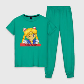 Женская пижама хлопок с принтом Sailor Moon Good Luck в Екатеринбурге, 100% хлопок | брюки и футболка прямого кроя, без карманов, на брюках мягкая резинка на поясе и по низу штанин | Тематика изображения на принте: good luck | goodluck | sailor moon | sailormoon | мультик | мультяшка | надпись | сейлор мун | сейлормун | сэйлормун | удачи