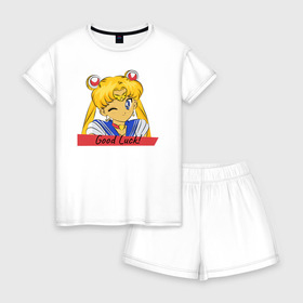 Женская пижама с шортиками хлопок с принтом Sailor Moon Good Luck в Екатеринбурге, 100% хлопок | футболка прямого кроя, шорты свободные с широкой мягкой резинкой | good luck | goodluck | sailor moon | sailormoon | мультик | мультяшка | надпись | сейлор мун | сейлормун | сэйлормун | удачи