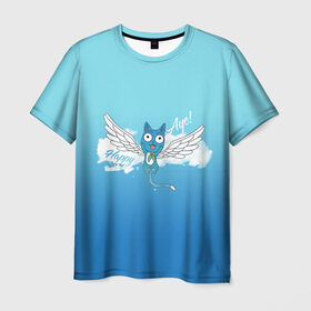 Мужская футболка 3D с принтом Happy Aye! (Fairy Tail) в Екатеринбурге, 100% полиэфир | прямой крой, круглый вырез горловины, длина до линии бедер | Тематика изображения на принте: anime | blue | cat | fairy tail | happy | аниме | кот | кошка | синий | хвост феи | хэппи