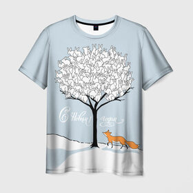 Мужская футболка 3D с принтом Зайцы на дереве в Екатеринбурге, 100% полиэфир | прямой крой, круглый вырез горловины, длина до линии бедер | 2019 | год | дерево | дикие | животные | зайцы | зима | испуг | кролики | лесные | лиса | лисичка | мода | моло | на дереве | новый год | подарок | поздравление | праздник | рисунок | рождество | с новым годом