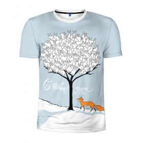 Мужская футболка 3D спортивная с принтом Зайцы на дереве в Екатеринбурге, 100% полиэстер с улучшенными характеристиками | приталенный силуэт, круглая горловина, широкие плечи, сужается к линии бедра | 2019 | год | дерево | дикие | животные | зайцы | зима | испуг | кролики | лесные | лиса | лисичка | мода | моло | на дереве | новый год | подарок | поздравление | праздник | рисунок | рождество | с новым годом