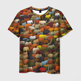 Мужская футболка 3D с принтом Слоны идут налево в Екатеринбурге, 100% полиэфир | прямой крой, круглый вырез горловины, длина до линии бедер | африка | животные | индия | паттрен | слон | слоники | стадо | толпа