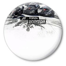 Значок с принтом Forza Horizon в Екатеринбурге,  металл | круглая форма, металлическая застежка в виде булавки | games | playground | авто | гонки | горизонт | машины | сила | фестиваль | форза | хоризон