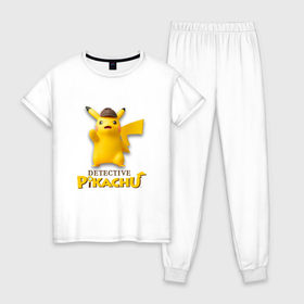 Женская пижама хлопок с принтом Detetive Pikachu в Екатеринбурге, 100% хлопок | брюки и футболка прямого кроя, без карманов, на брюках мягкая резинка на поясе и по низу штанин | detective | picachu | pokemon | детектив | пикачу | покемон