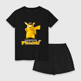 Женская пижама с шортиками хлопок с принтом Detetive Pikachu в Екатеринбурге, 100% хлопок | футболка прямого кроя, шорты свободные с широкой мягкой резинкой | detective | picachu | pokemon | детектив | пикачу | покемон