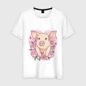 Мужская футболка хлопок с принтом Love Pig в Екатеринбурге, 100% хлопок | прямой крой, круглый вырез горловины, длина до линии бедер, слегка спущенное плечо. | Тематика изображения на принте: 