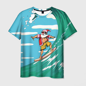 Мужская футболка 3D с принтом Cool Santa в Екатеринбурге, 100% полиэфир | прямой крой, круглый вырез горловины, длина до линии бедер | Тематика изображения на принте: cool | creative | design | holiday | merry christmas | new year | sea | summer | surfing | wave | волна | дизайн | канары | креатив | круто | лето | море | новый год | рождество | сёрфинг