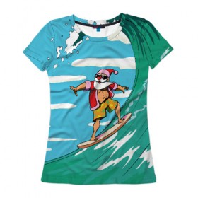 Женская футболка 3D с принтом Cool Santa в Екатеринбурге, 100% полиэфир ( синтетическое хлопкоподобное полотно) | прямой крой, круглый вырез горловины, длина до линии бедер | cool | creative | design | holiday | merry christmas | new year | sea | summer | surfing | wave | волна | дизайн | канары | креатив | круто | лето | море | новый год | рождество | сёрфинг