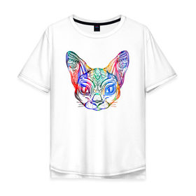 Мужская футболка хлопок Oversize с принтом Разноцветная мордашка кота в Екатеринбурге, 100% хлопок | свободный крой, круглый ворот, “спинка” длиннее передней части | большие уши | гипно кот | кот | котик | кошка | лицо | уши | ушной | цветная