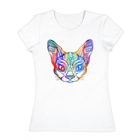 Женская футболка хлопок с принтом Разноцветная мордашка кота в Екатеринбурге, 100% хлопок | прямой крой, круглый вырез горловины, длина до линии бедер, слегка спущенное плечо | большие уши | гипно кот | кот | котик | кошка | лицо | уши | ушной | цветная