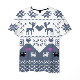 Мужская футболка 3D с принтом Новогодняя любовь в Екатеринбурге, 100% полиэфир | прямой крой, круглый вырез горловины, длина до линии бедер | cat | cneg | love | new year | sneg | snow | зима | кот | котята | кошка | любовь | новый год | олени | подарок | подарок любимог | подарок на новый год | рождество | сердечки | сердце | снег | снежинки | холод