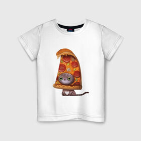Детская футболка хлопок с принтом Котенок - пицца в Екатеринбурге, 100% хлопок | круглый вырез горловины, полуприлегающий силуэт, длина до линии бедер | Тематика изображения на принте: арт | грибы | колбаса | котенок | кусок | пицца | рисунок | тесто