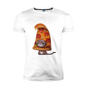 Мужская футболка премиум с принтом Котенок - пицца в Екатеринбурге, 92% хлопок, 8% лайкра | приталенный силуэт, круглый вырез ворота, длина до линии бедра, короткий рукав | арт | грибы | колбаса | котенок | кусок | пицца | рисунок | тесто