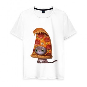Мужская футболка хлопок с принтом Котенок - пицца в Екатеринбурге, 100% хлопок | прямой крой, круглый вырез горловины, длина до линии бедер, слегка спущенное плечо. | Тематика изображения на принте: арт | грибы | колбаса | котенок | кусок | пицца | рисунок | тесто