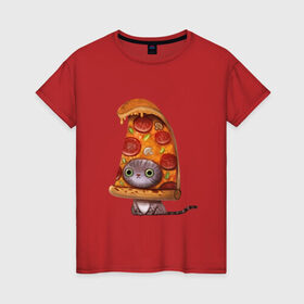 Женская футболка хлопок с принтом Котенок - пицца в Екатеринбурге, 100% хлопок | прямой крой, круглый вырез горловины, длина до линии бедер, слегка спущенное плечо | арт | грибы | колбаса | котенок | кусок | пицца | рисунок | тесто